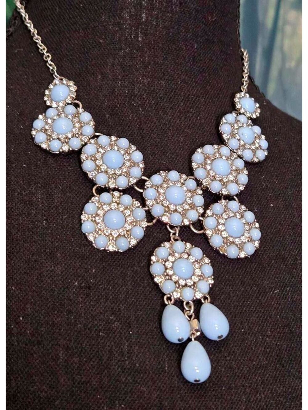 Light Blue Cabochon and Rhinestone Statement Bib Necklace with Dangle Drops